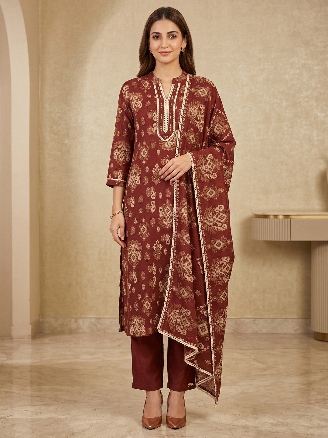 Burgundy Pure Cotton Printed Salwar Suit Set - Image 1