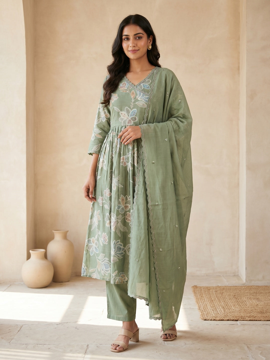 Green Viscose Floral Printed Salwar Suit Set with Chanderi Dupatta - Image 1