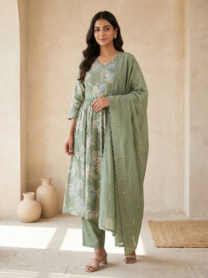 Green Viscose Floral Printed Salwar Suit Set with Chanderi Dupatta - Image 1