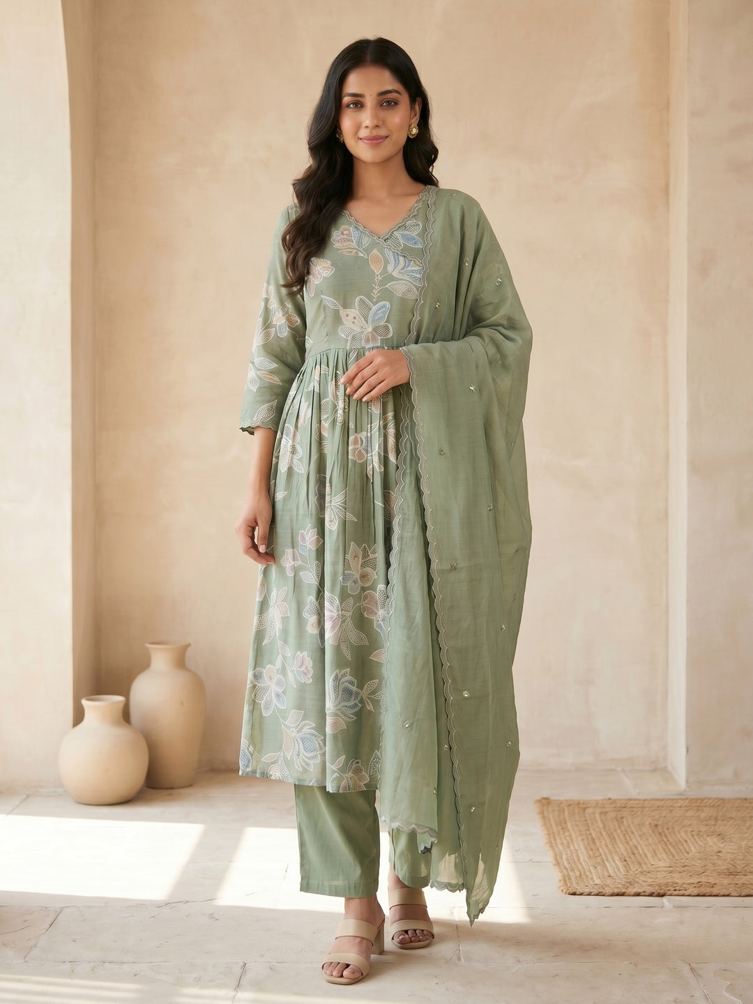 Green Viscose Floral Printed Salwar Suit Set with Chanderi Dupatta - Image 2