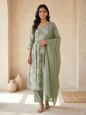 Green Viscose Floral Printed Salwar Suit Set with Chanderi Dupatta - Image 2