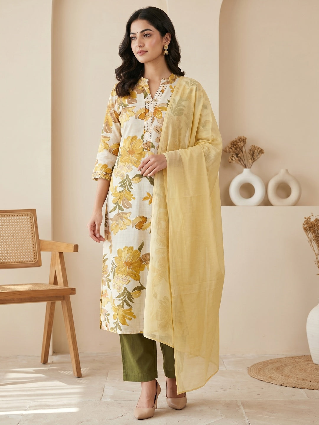 Yellow Floral Printed Salwar Suit Set with Chanderi Dupatta - Image 1