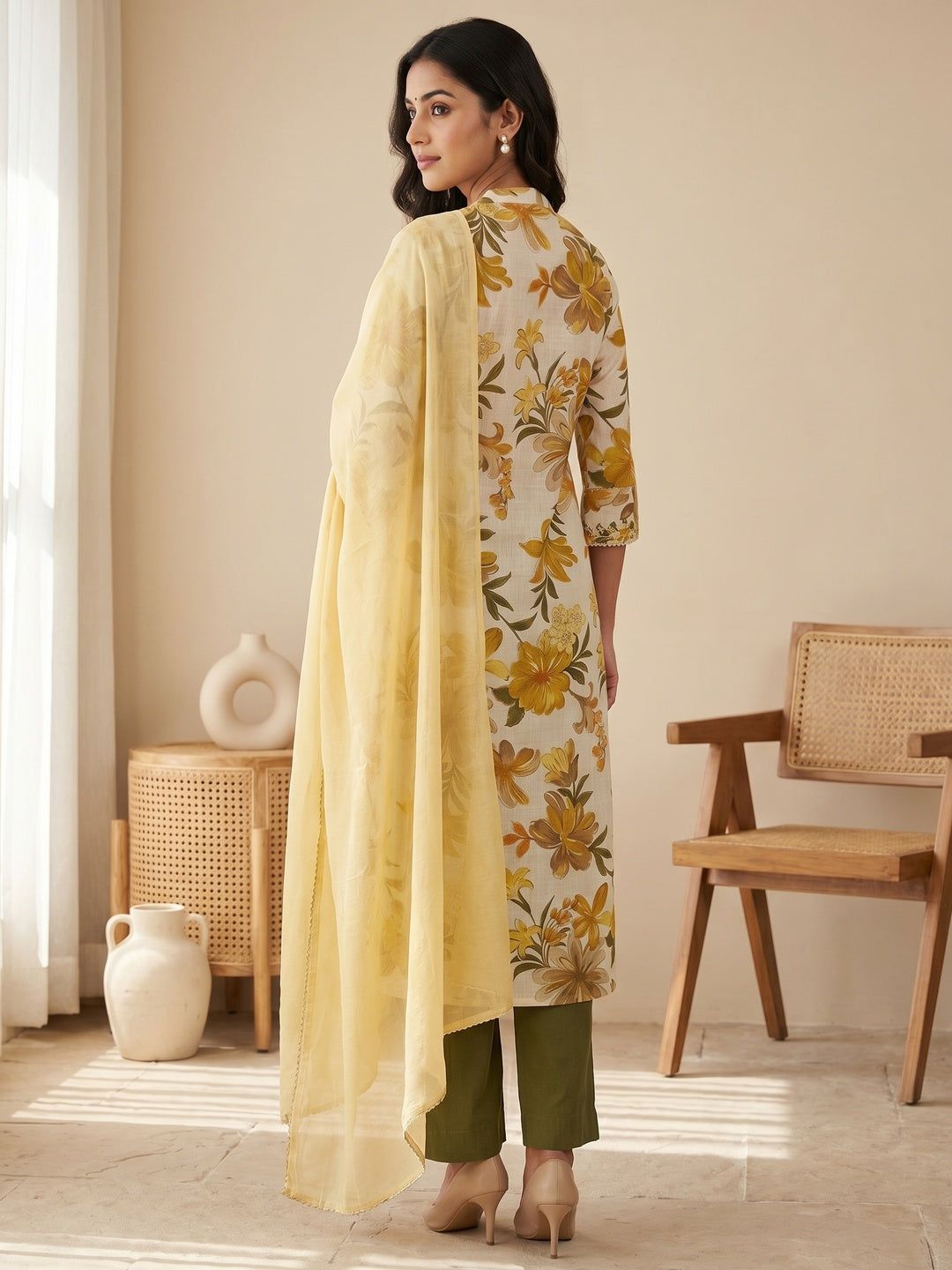 Yellow Floral Printed Salwar Suit Set with Chanderi Dupatta - Image 3