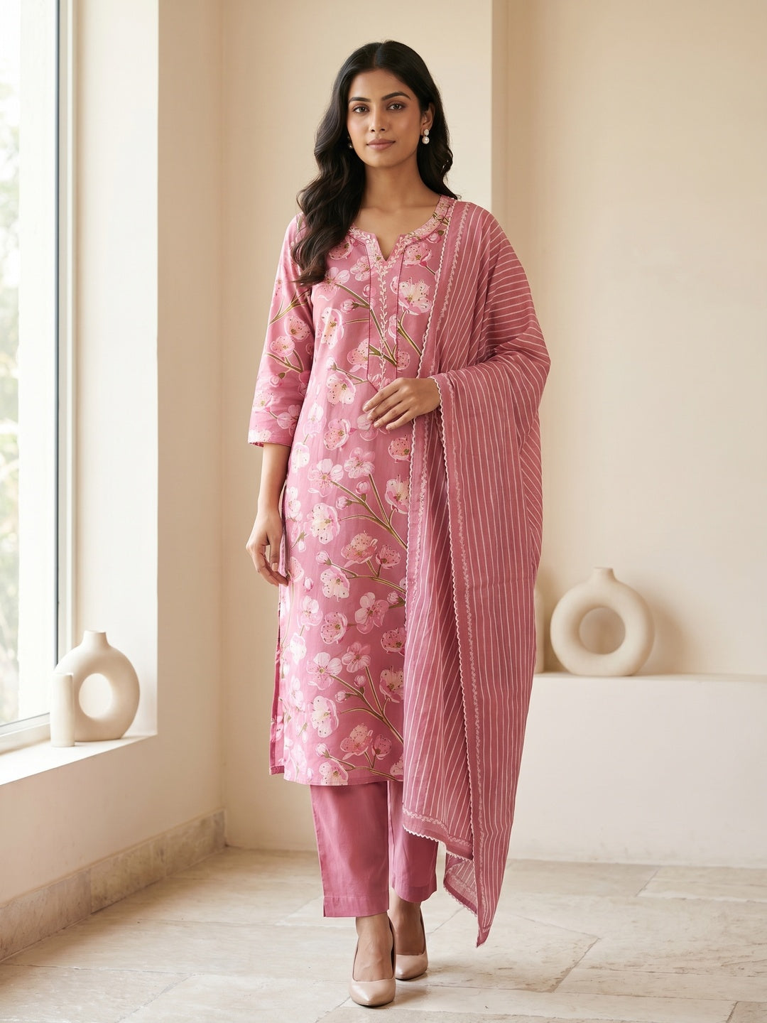 Pink Pure Cotton Floral Printed Salwar Suit Set - Image 1