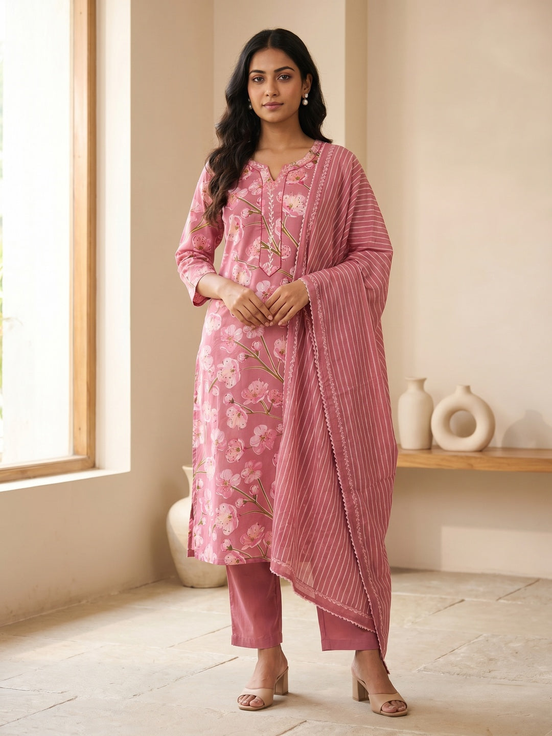 Pink Pure Cotton Floral Printed Salwar Suit Set - Image 2