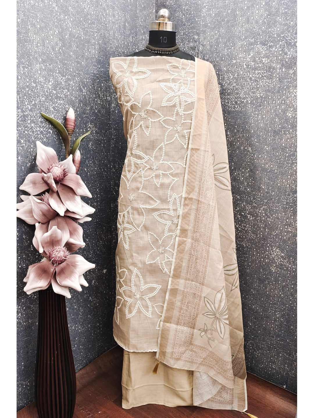 Peachmode Cream Linen Dress Material with Floral - Image 2