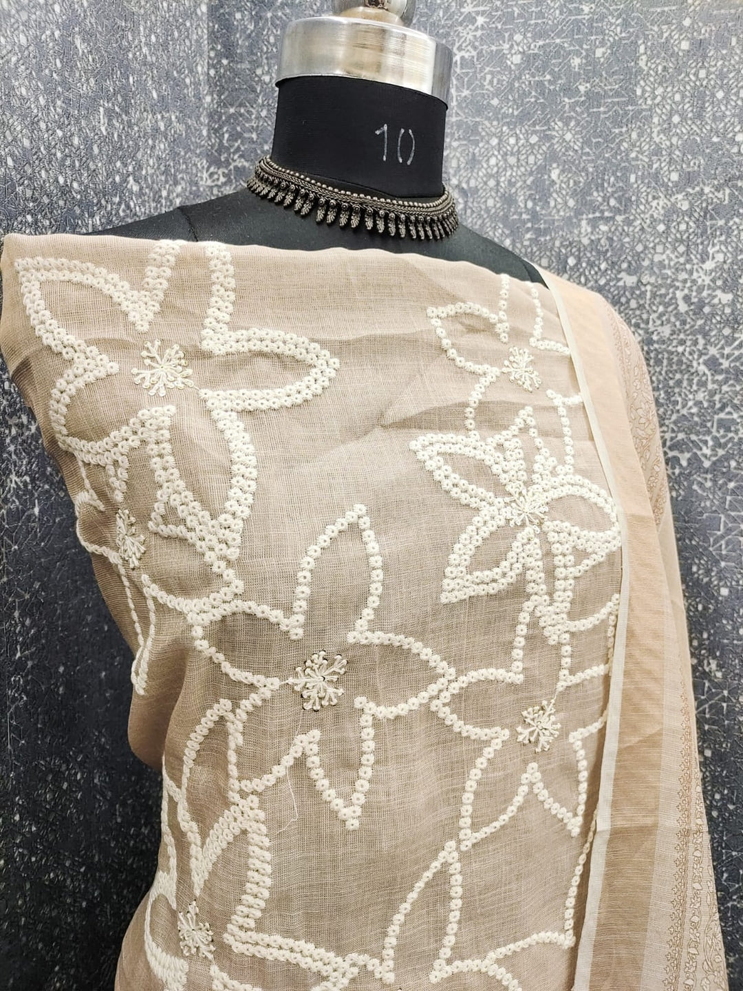 Peachmode Cream Linen Dress Material with Floral - Image 3