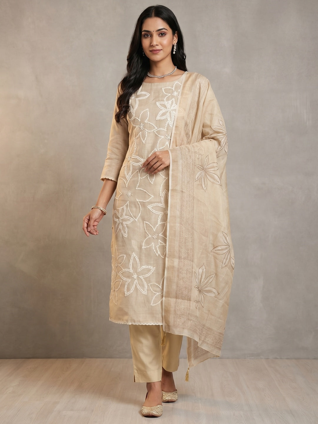 Peachmode Cream Linen Dress Material with Floral - Image 1