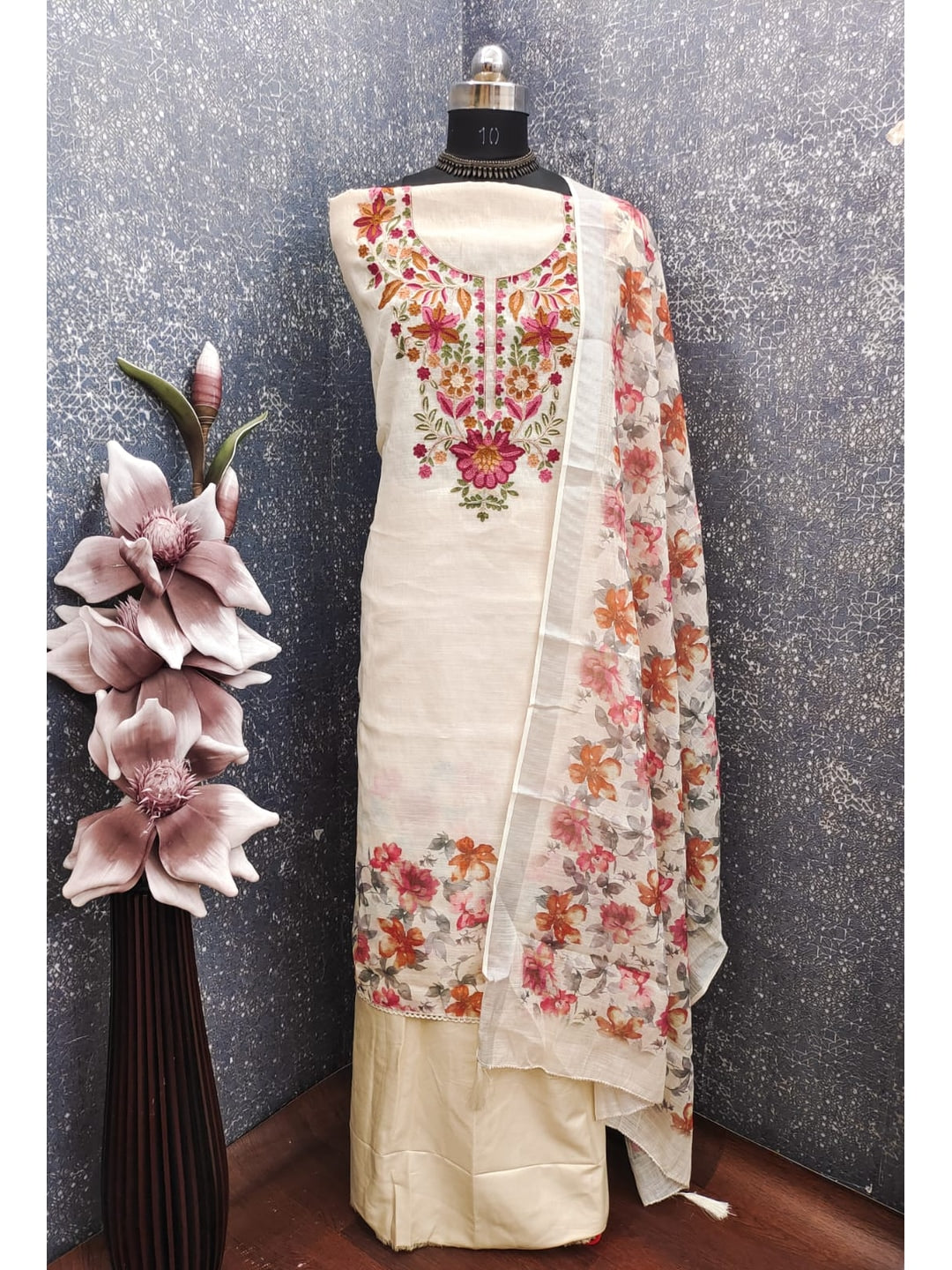 Peachmode Cream Linen Dress Material with Floral Embroidery - Image 2