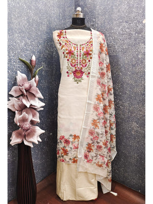 Peachmode Cream Linen Dress Material with Floral Embroidery - Image 2