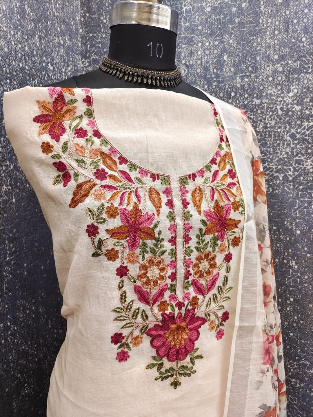 Peachmode Cream Linen Dress Material with Floral Embroidery - Image 3