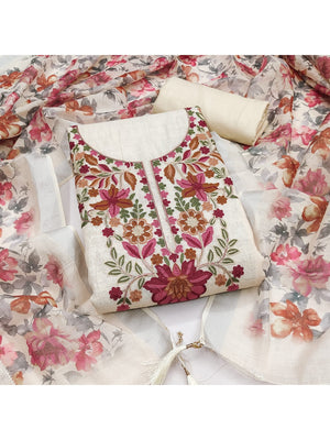 Peachmode Cream Linen Dress Material with Floral Embroidery - Image 4