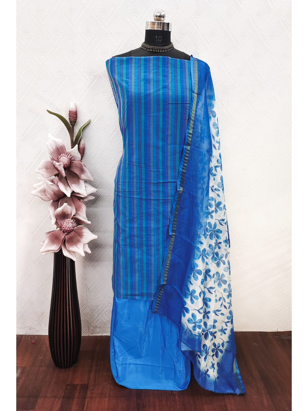 Peachmode Blue Cotton Dress Material with Striped - Image 2