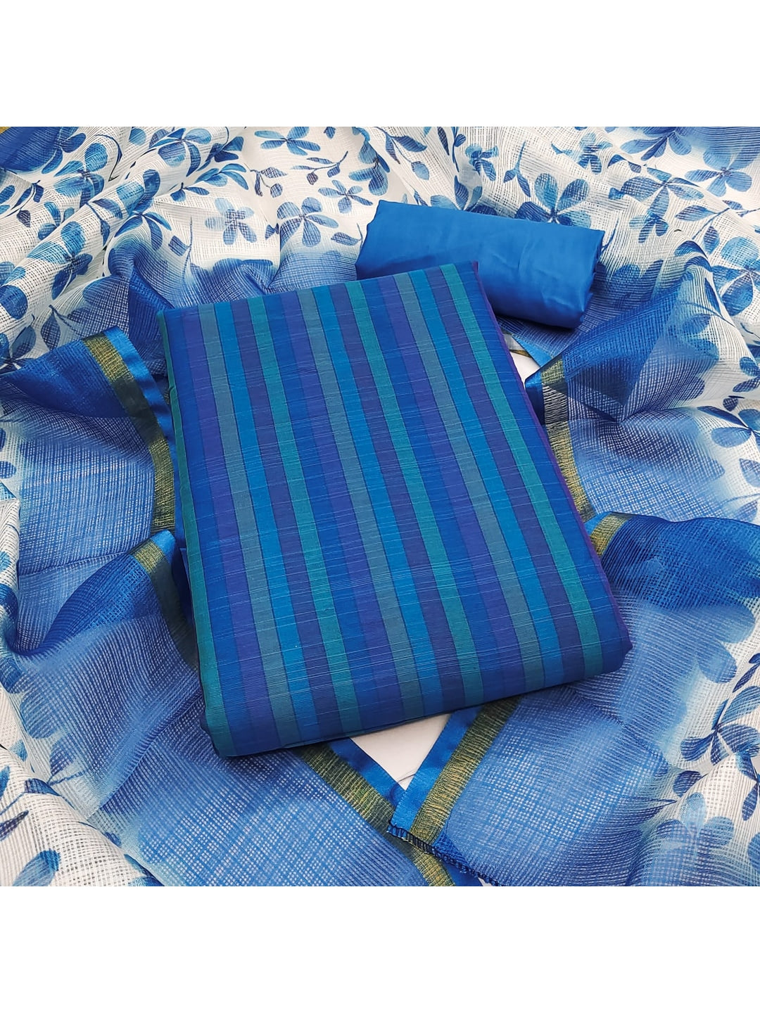 Peachmode Blue Cotton Dress Material with Striped - Image 4