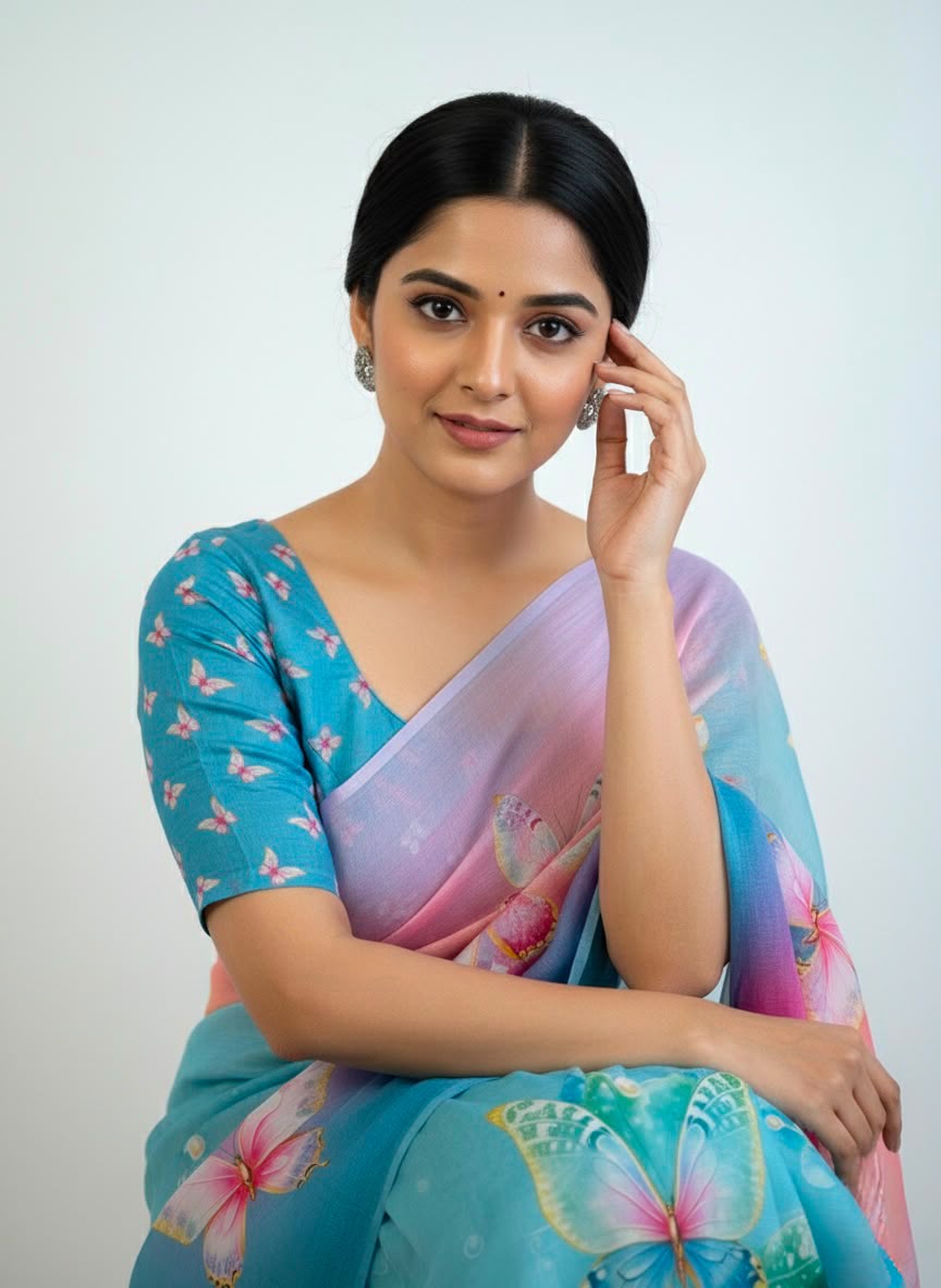 Peachmode Magenta Soft Linen Saree with butterfly floral print - Image 1