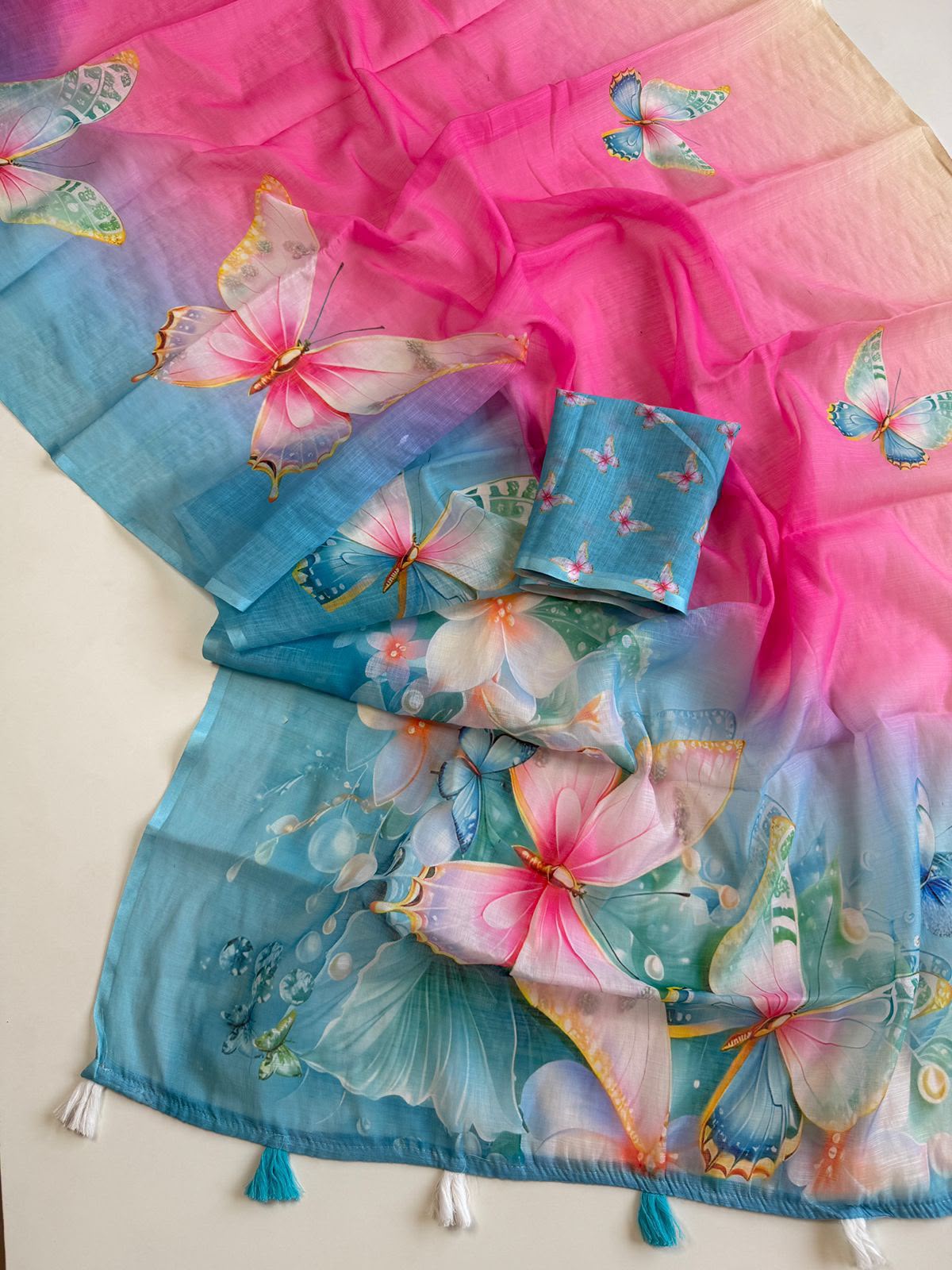 Peachmode Magenta Soft Linen Saree with butterfly floral print - Image 2