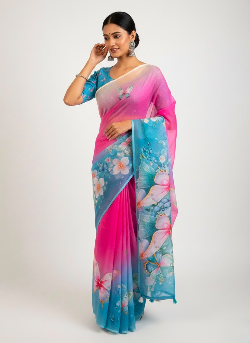 Peachmode Magenta Soft Linen Saree with butterfly floral print