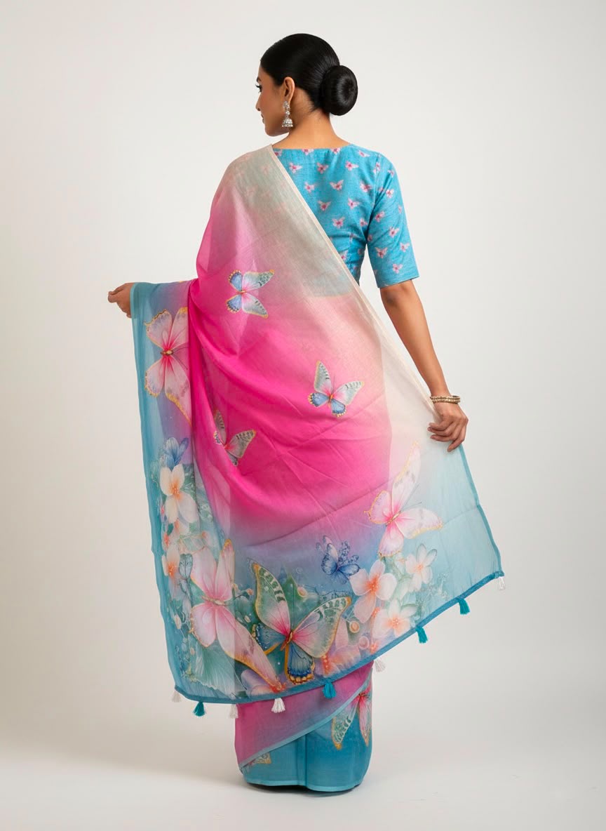 Peachmode Magenta Soft Linen Saree with butterfly floral print - Image 4