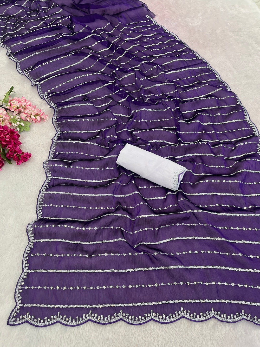Peachmode Purple Chiffon Silk Saree with Sequins Work - Image 4