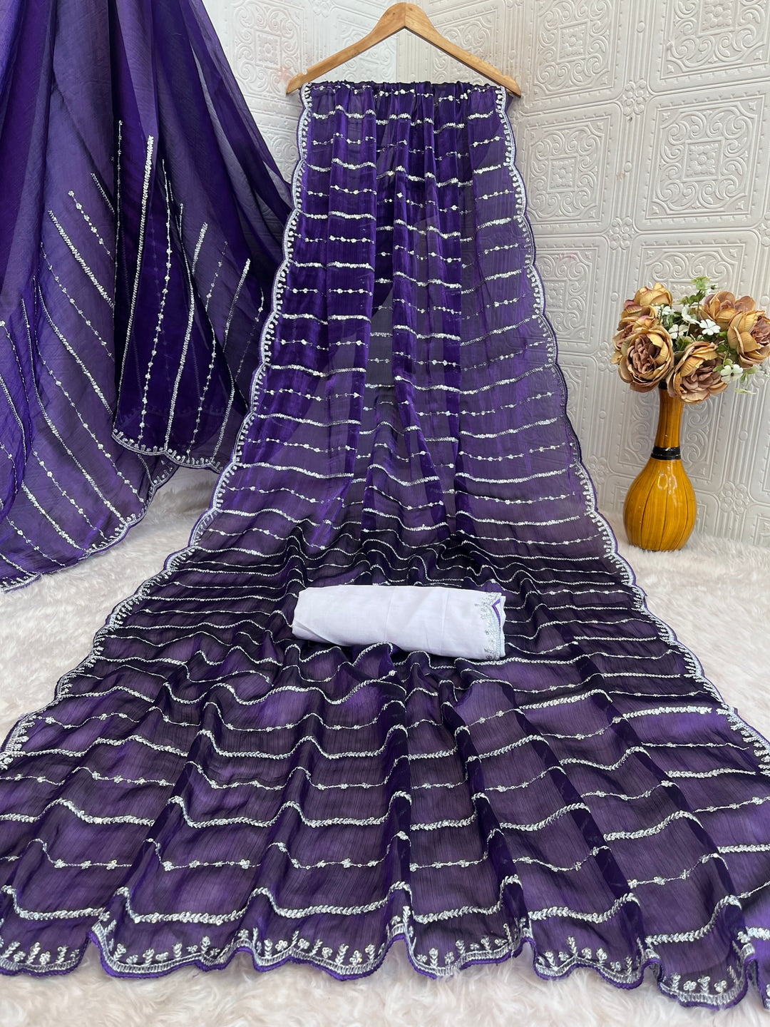 Peachmode Purple Chiffon Silk Saree with Sequins Work - Image 5