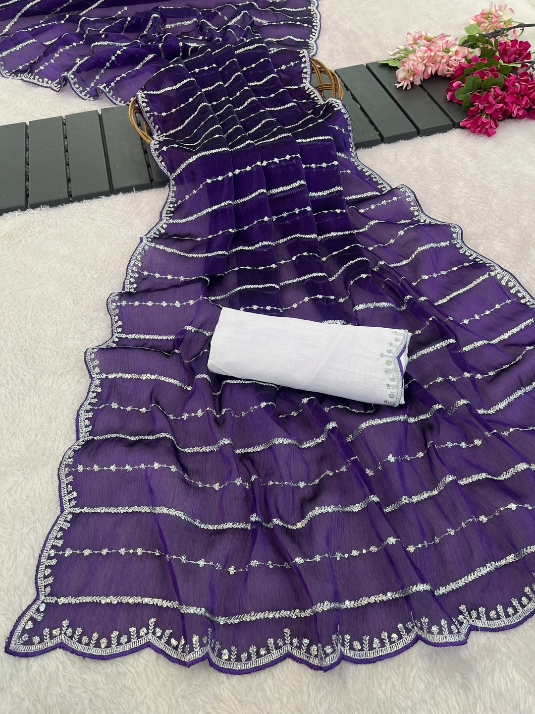 Peachmode Purple Chiffon Silk Saree with Sequins Work - Image 6