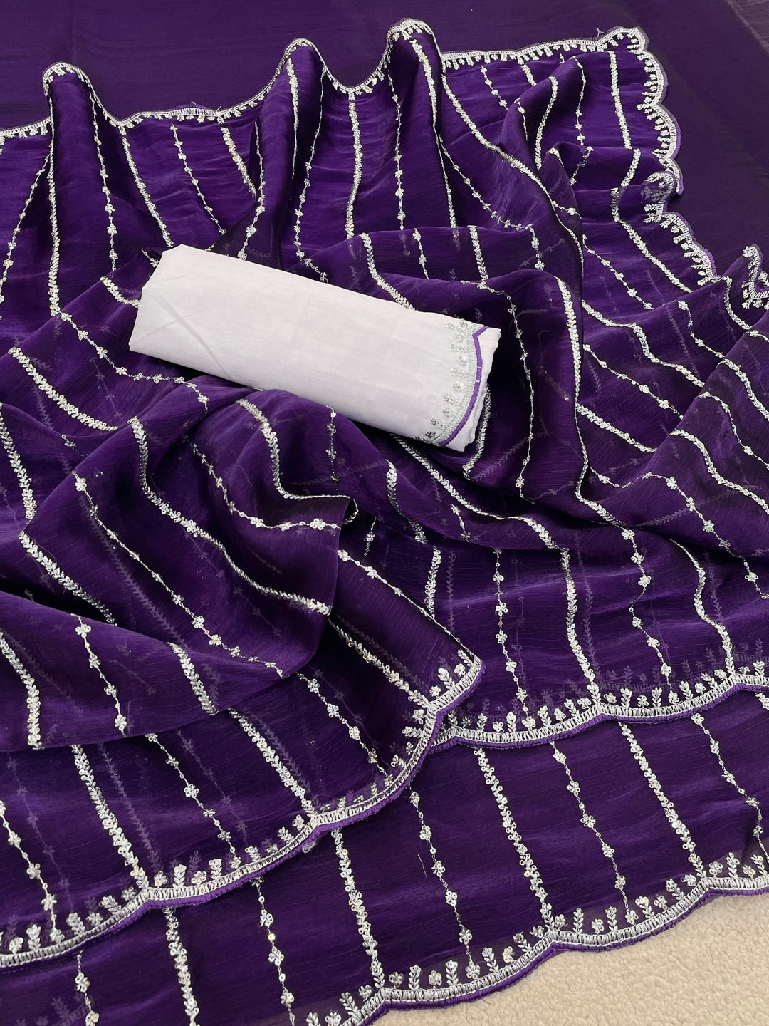 Peachmode Purple Chiffon Silk Saree with Sequins Work - Image 7