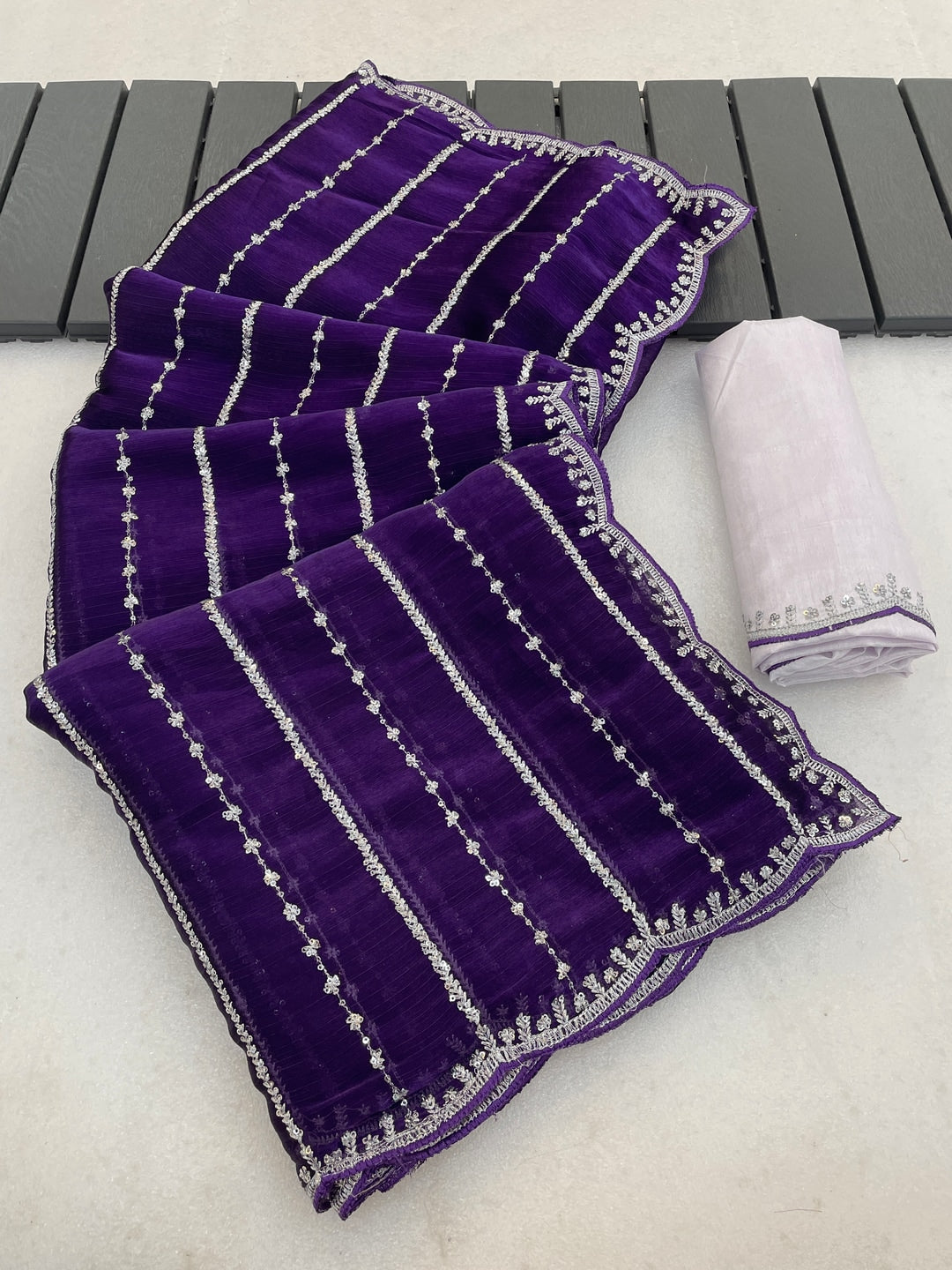 Peachmode Purple Chiffon Silk Saree with Sequins Work - Image 9