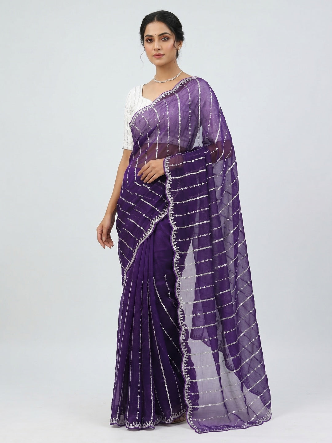 Peachmode Purple Chiffon Silk Saree with Sequins Work - Image 1