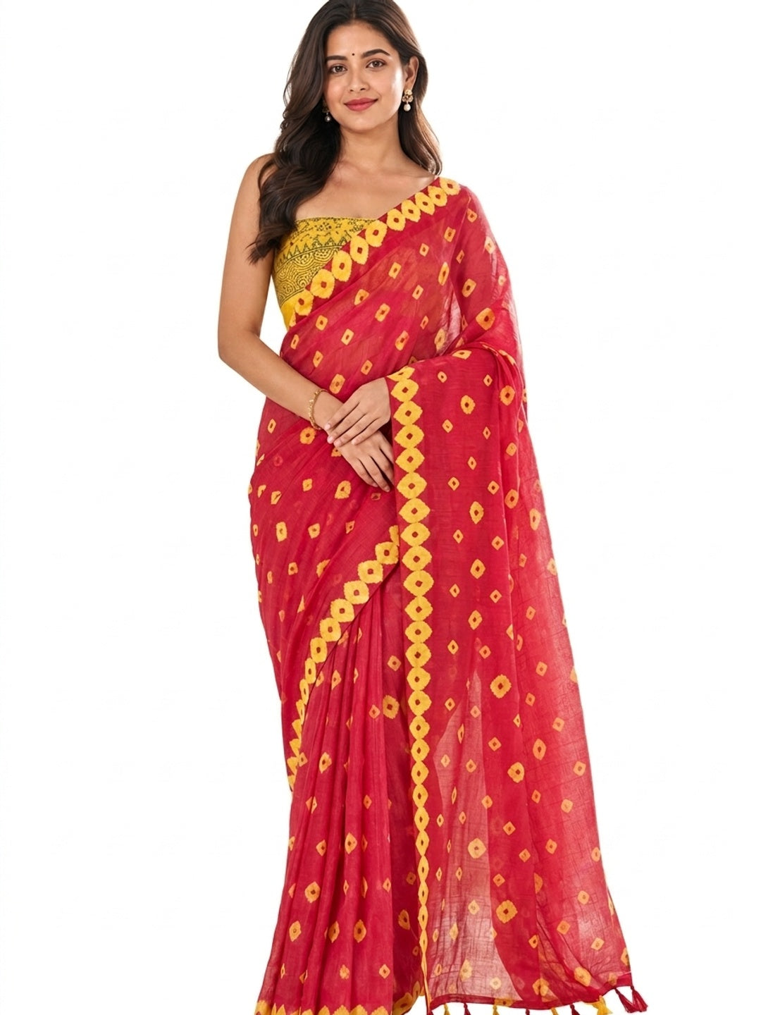 Peachmode Red Linen Bandhani Print Saree - Image 1