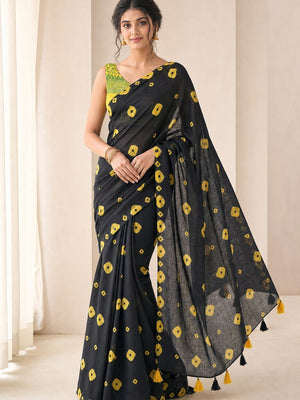 Peachmode Black Linen Bandhani Print Saree - Image 1