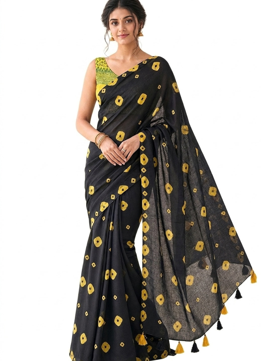 Peachmode Black Linen Bandhani Print Saree - Image 1