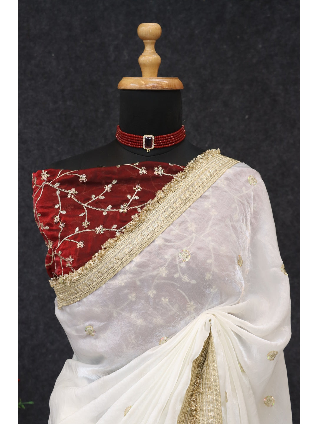 Peachmode White Satin Saree with Gold Embroidery Work - Image 2