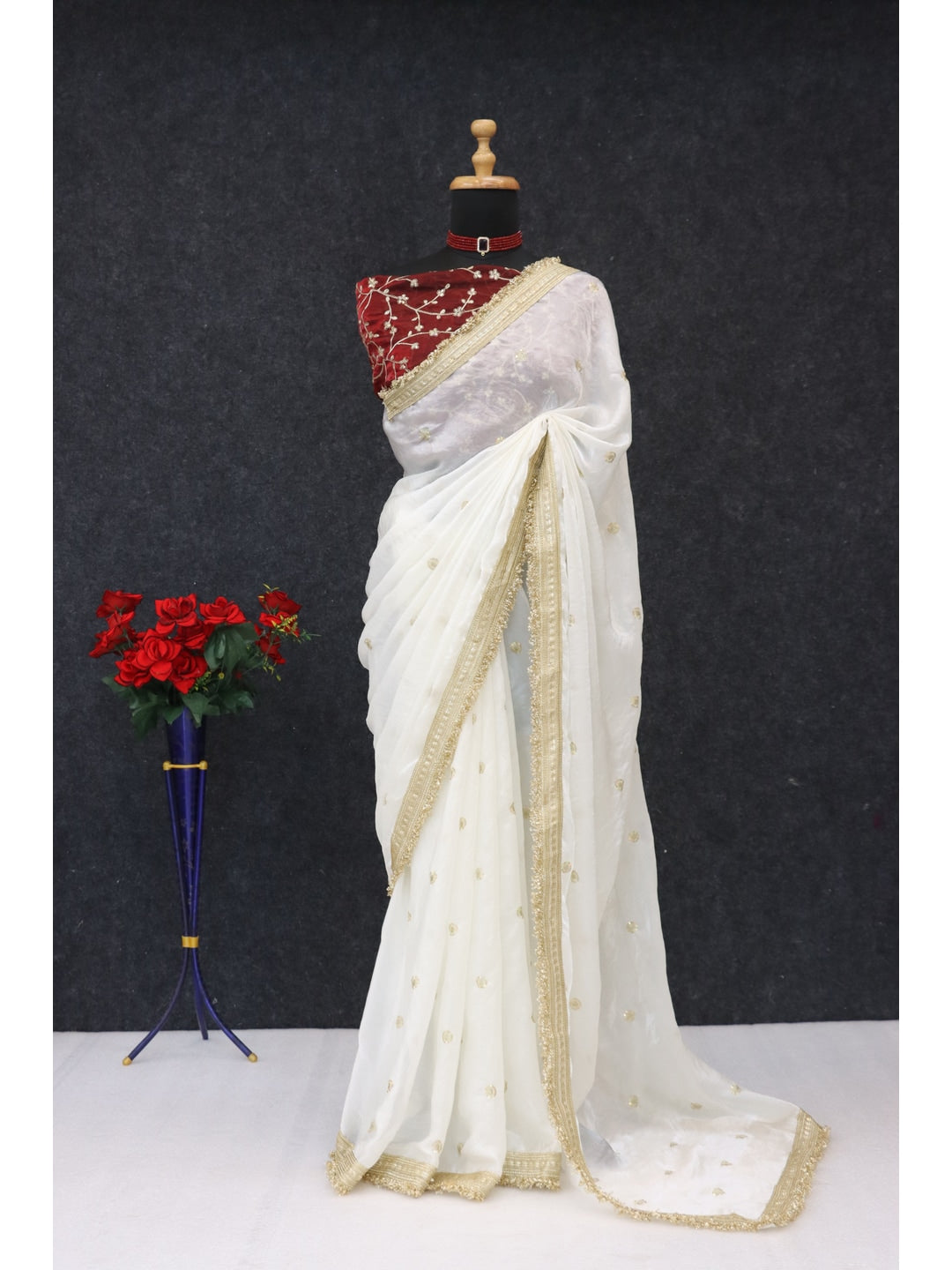 Peachmode White Satin Saree with Gold Embroidery Work - Image 3
