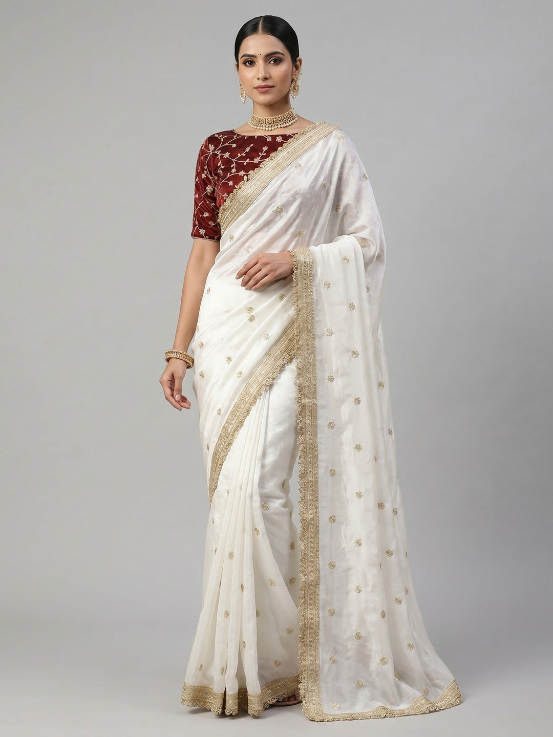 Peachmode White Satin Saree with Gold Embroidery Work - Image 1