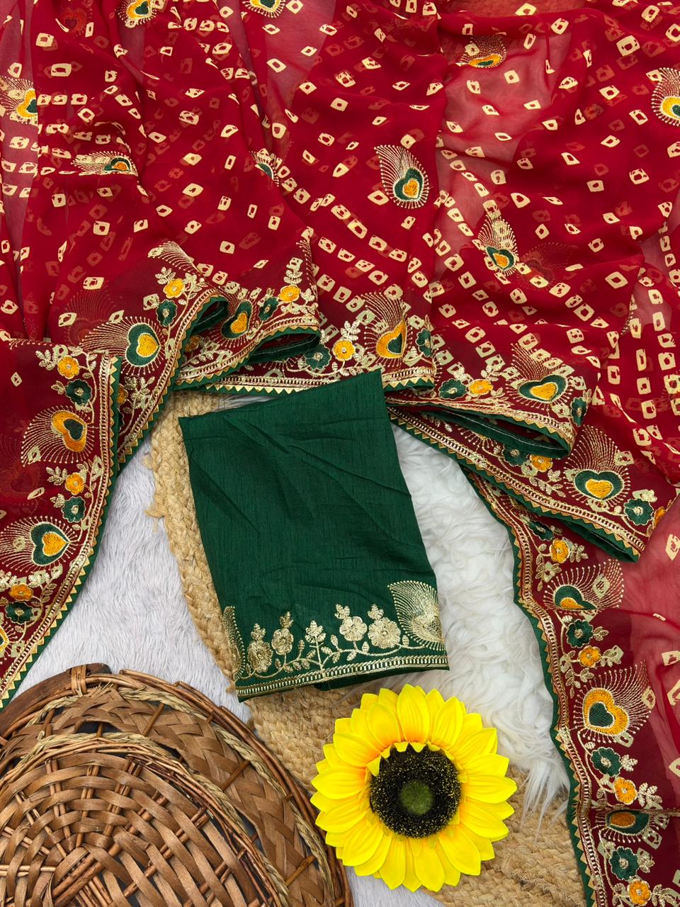 Peachmode Red Georgette Bandhani Saree with Embroidered Border - Image 3