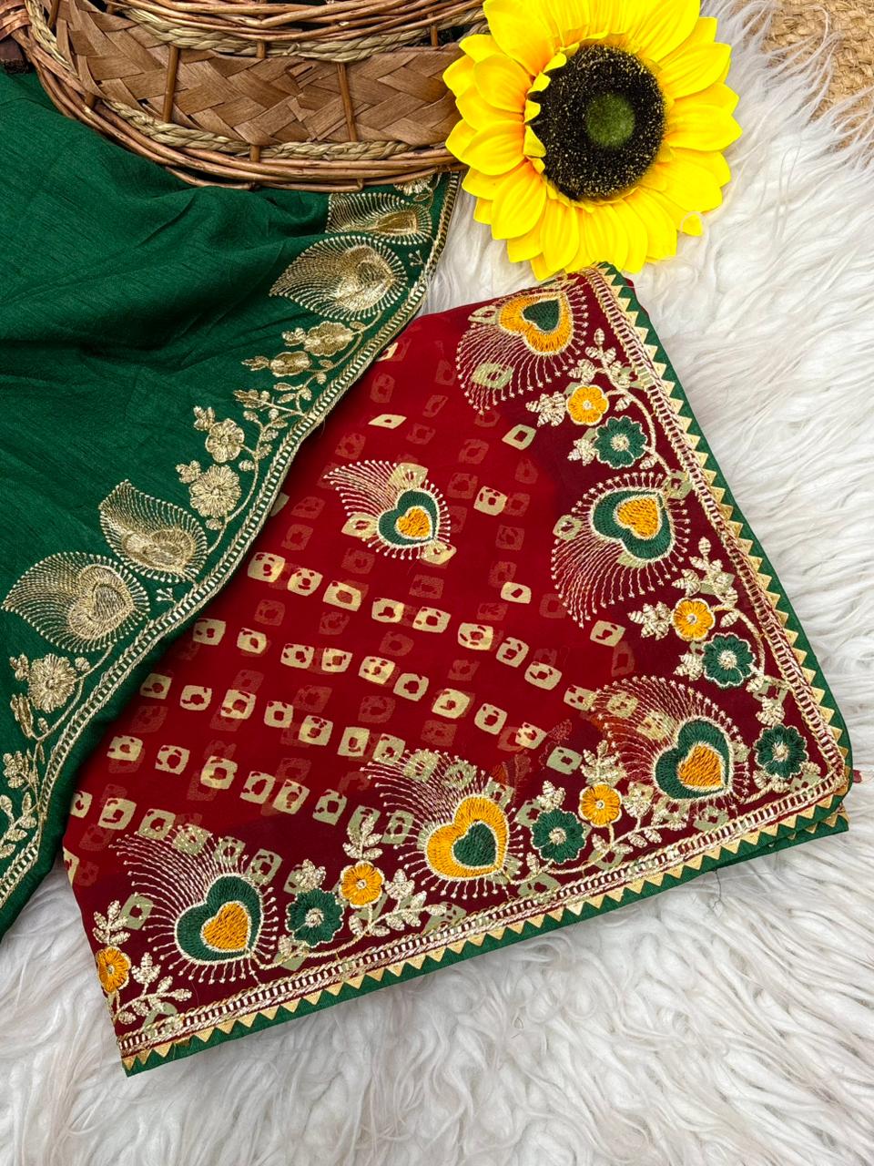 Peachmode Red Georgette Bandhani Saree with Embroidered Border - Image 4