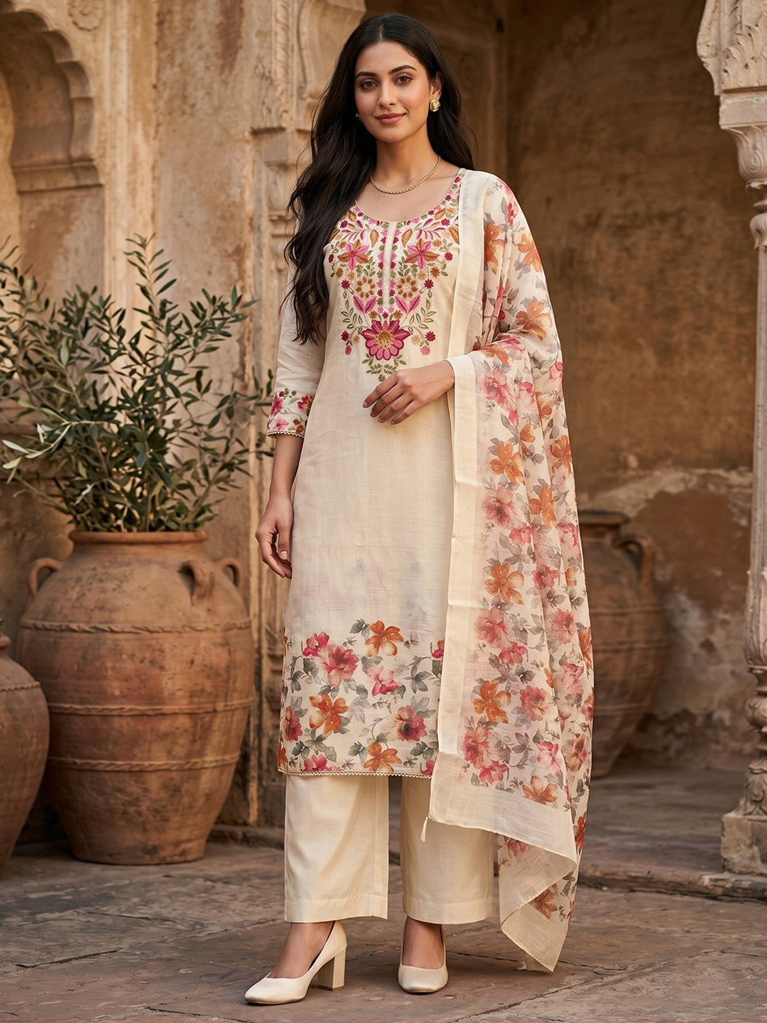 Peachmode Cream Linen Dress Material with Floral Embroidery - Image 1