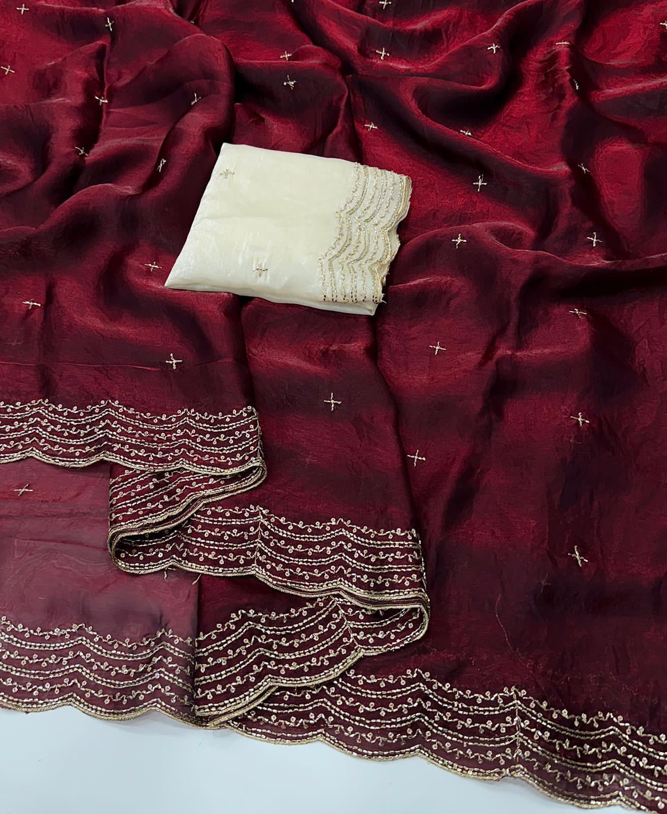 Peachmode Maroon Satin Saree with Sequin Embroidery Work - Image 4