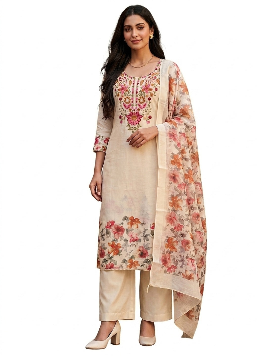 Peachmode Cream Linen Dress Material with Floral Embroidery - Image 5