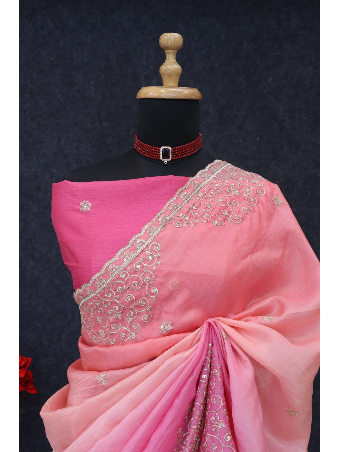 Peachmode Pink Silk Blend Saree with Sequin Embroidery Work - Image 3