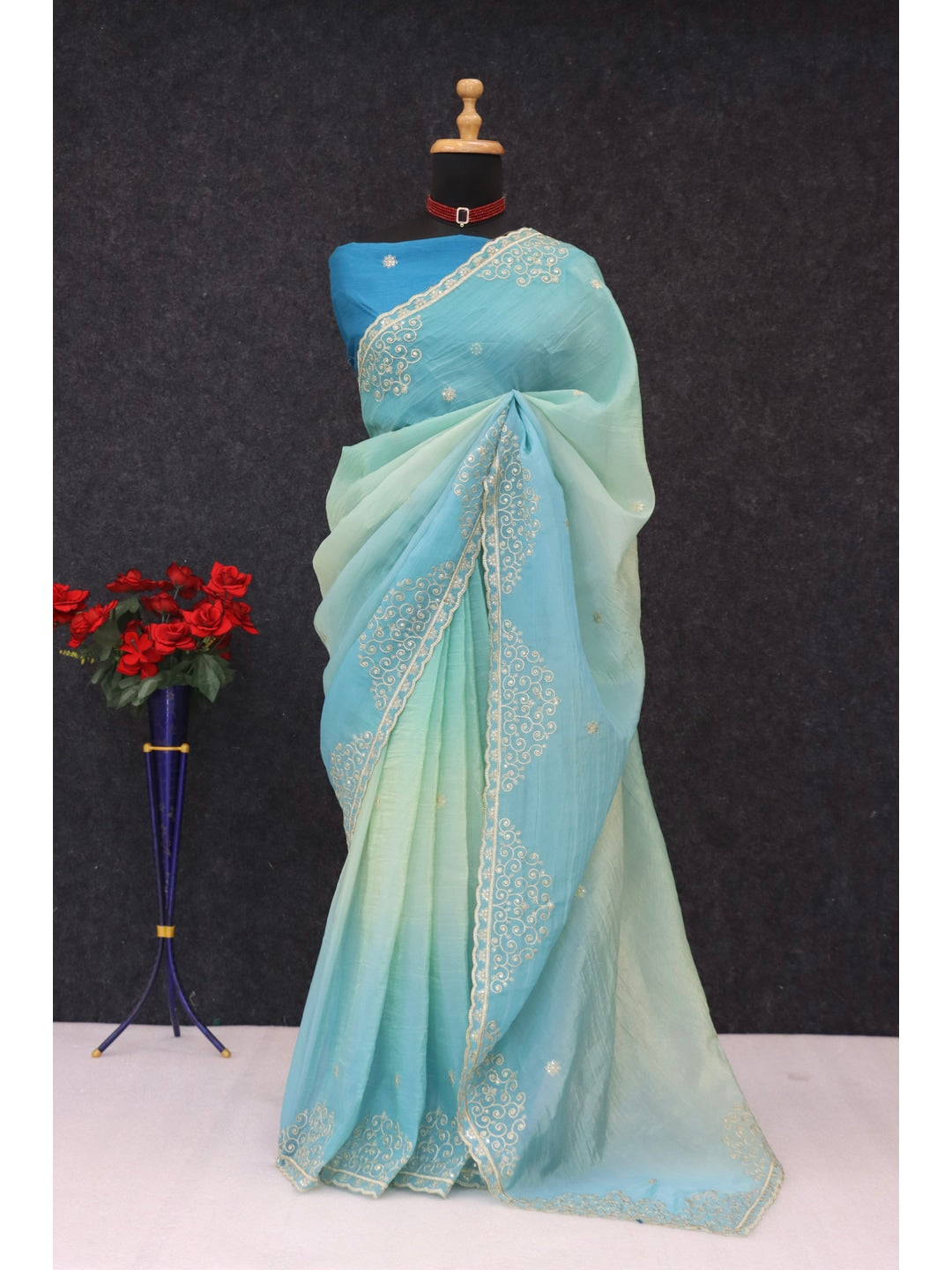 Peachmode Firozi Silk Blend Saree with Sequin Embroidery Work - Image 2