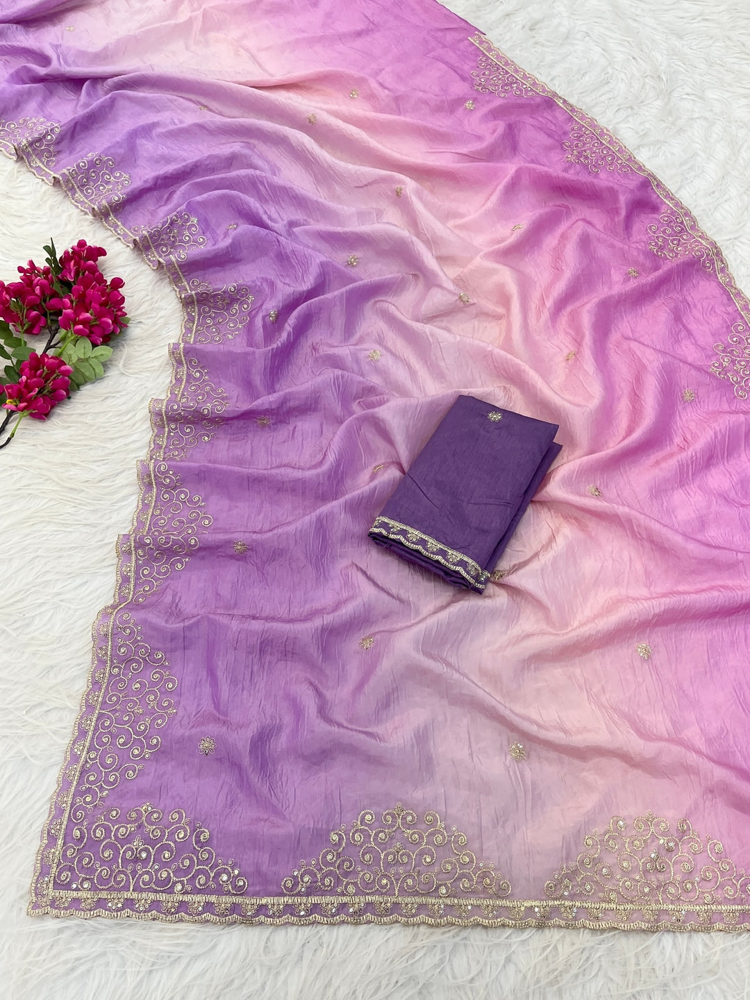 Peachmode Lavender Silk Blend Saree with Sequin Embroidery Work - Image 4