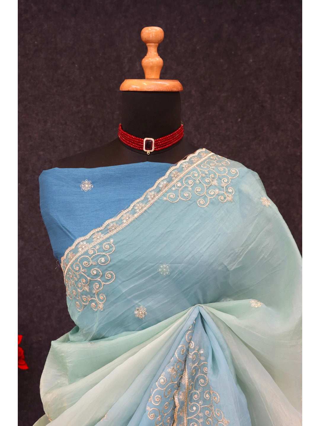 Peachmode Firozi Silk Blend Saree with Sequin Embroidery Work - Image 4
