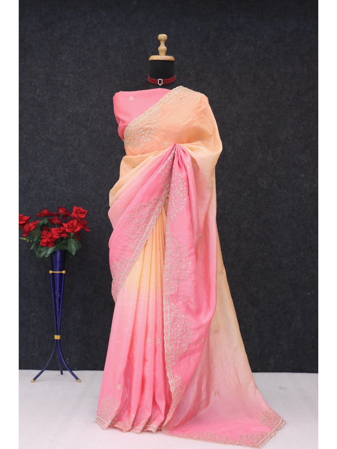 Peachmode Peach Silk Blend Saree with Sequin Embroidery Work - Image 2