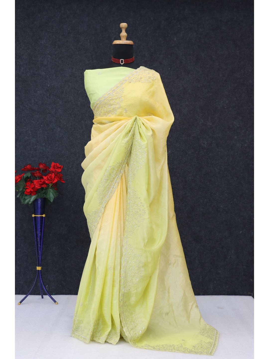 Peachmode Yellow Silk Blend Saree with Sequin Embroidery Work - Image 2