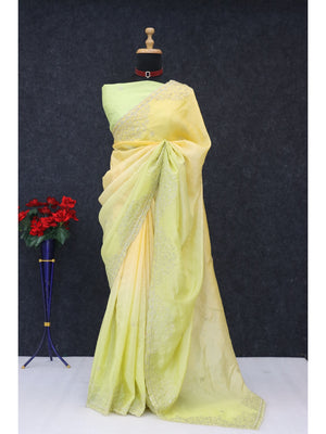 Peachmode Yellow Silk Blend Saree with Sequin Embroidery Work - Image 2
