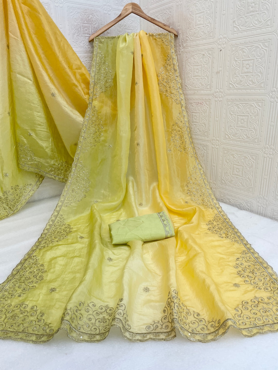 Peachmode Yellow Silk Blend Saree with Sequin Embroidery Work - Image 4