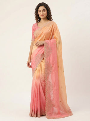 Peachmode Peach Silk Blend Saree with Sequin Embroidery Work - Image 1