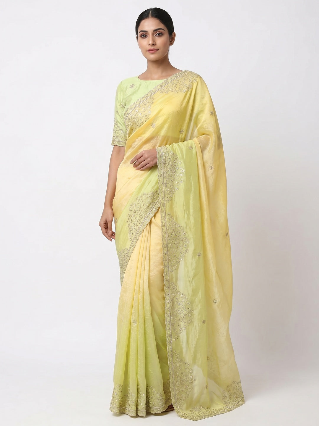 Peachmode Yellow Silk Blend Saree with Sequin Embroidery Work - Image 1