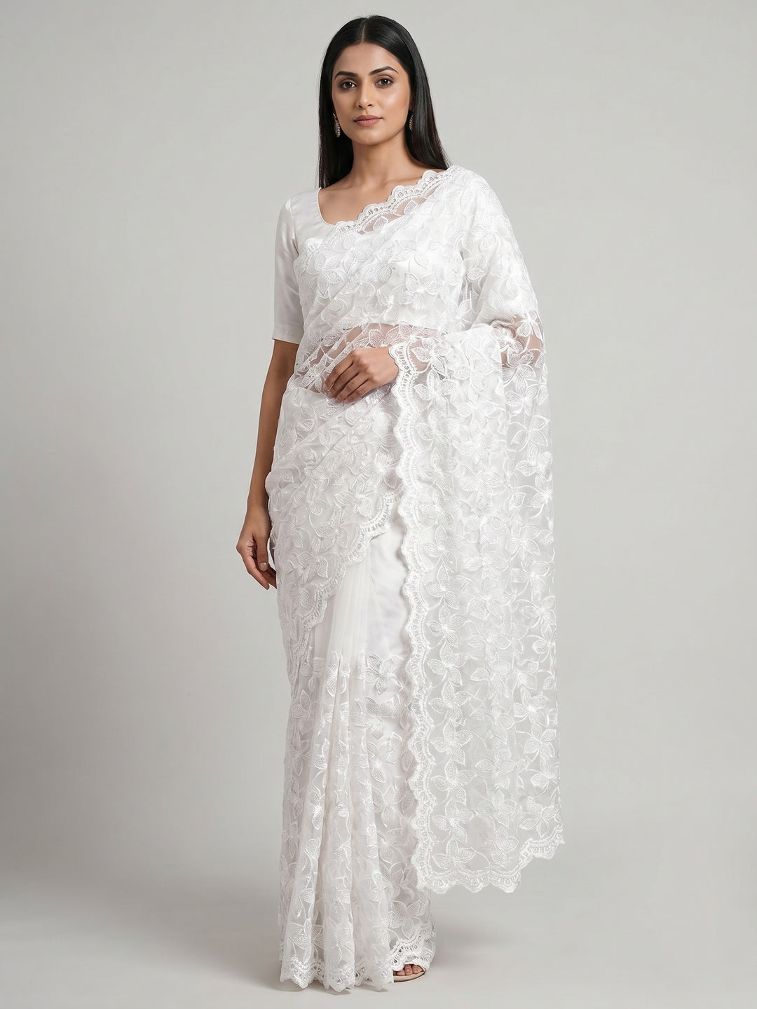 Peachmode White Net Saree with Floral Embroidery Work - Image 1